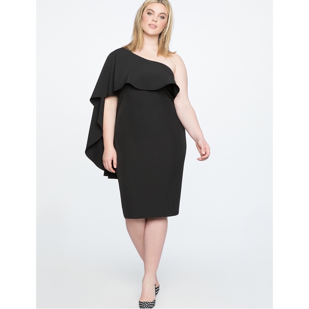 ELOQUII Black One Shoulder Dress with Flutter Detail (18)